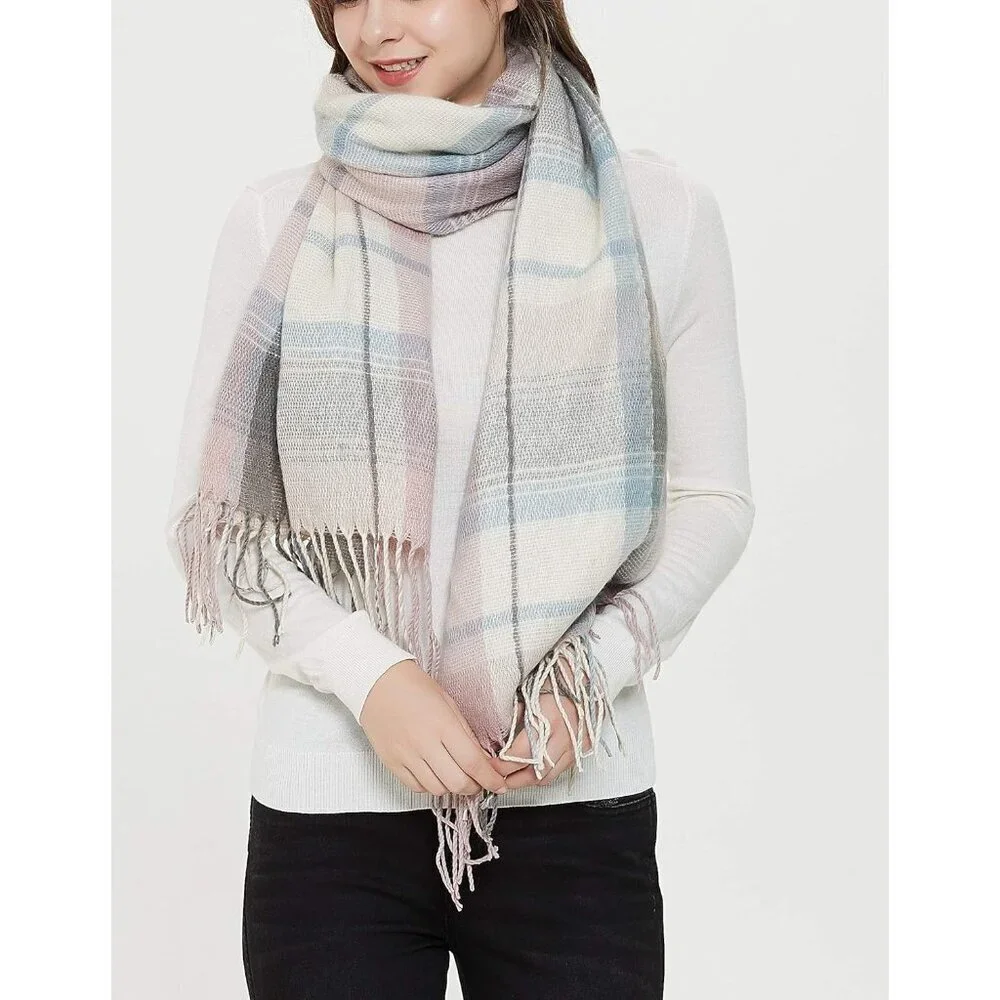 Women's Pink Grey Fashion Long Shawl Big Grid Winter Warm Lattice Large Scarf
